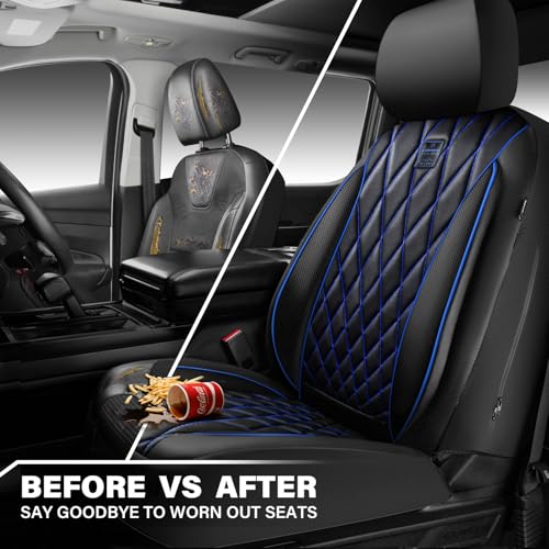 CAR PASS Piping Luxury PU Leather Two Front Car Seat Covers,Waterproof Anti- Slip Seat Covers Compatible with Front Seat Armrests,Universal Fit for Suvs,Vans,Trucks,Airbag Compatible(Black and Blue) - color: Black and Blue, size: Two Front