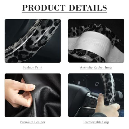 KAFEEK Black Leopard Cheetah Steering Wheel Cover, Universal 15 Inch, Anti-Slip PU Leather Car Steering Wheel Protector for Men Women, Fit for Cars, Auto, SUVs