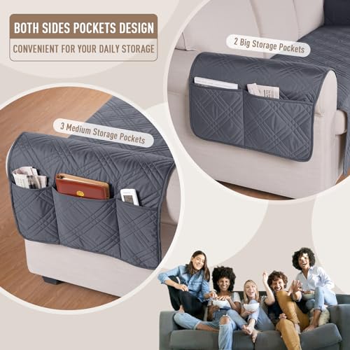 TAOCOCO Waterproof Couch Covers for Pets Dogs with Non Slip Backing, Sofa Seat Covers with Side Pocket for 3 Cushion Couch Washable Dog Couch Cover Protector Sofa Slipcovers(Sofa, Dark Grey)