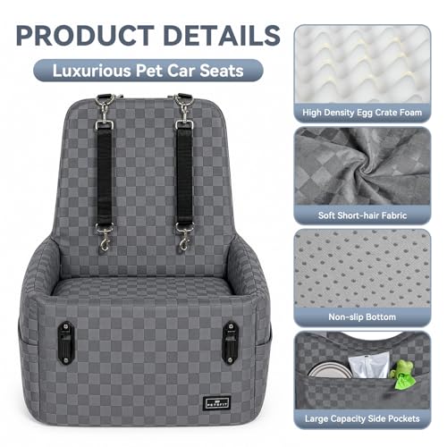 PETSFIT Dog Car Seat for Small/Medium Dogs Up to 35 lbs – Patented Safety System, 5" Memory Foam Pet Booster Car Seat, Fully Detachable and Washable Dog Carseat with 2 Storage Pockets (Grey) - color: Grey