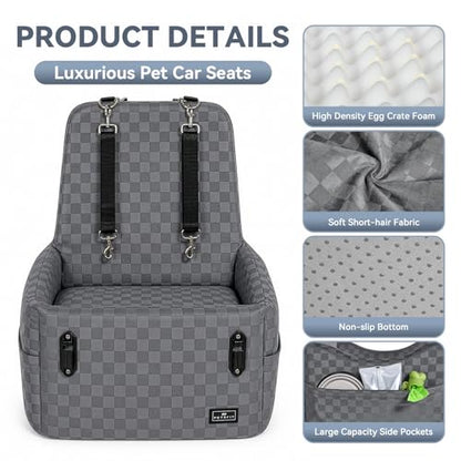 PETSFIT Dog Car Seat for Small/Medium Dogs Up to 35 lbs – Patented Safety System, 5" Memory Foam Pet Booster Car Seat, Fully Detachable and Washable Dog Carseat with 2 Storage Pockets (Grey) - color: Grey
