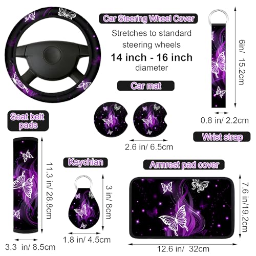 15 Pcs Butterfly Car Seat Covers Full Set Butterfly Front Rear Seat Covers Steering Wheel Cover Wrist Strap Coasters Armrest Shoulder Pads (Purple Glitter Butterfly Style)