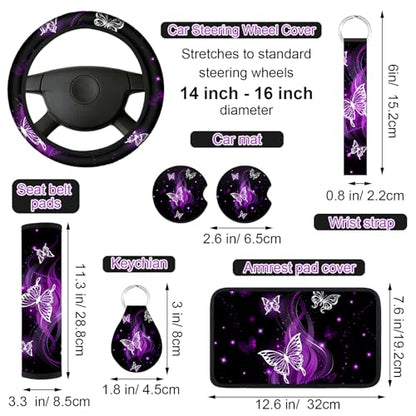 15 Pcs Butterfly Car Seat Covers Full Set Butterfly Front Rear Seat Covers Steering Wheel Cover Wrist Strap Coasters Armrest Shoulder Pads (Purple Glitter Butterfly Style)