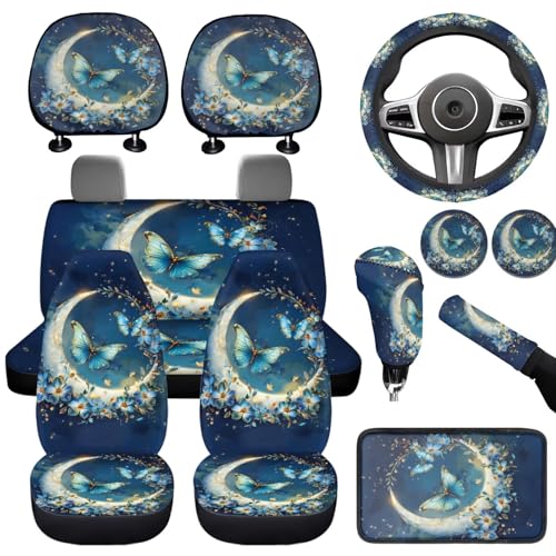 Butterfly Moon Auto Front Rear Seat Protective Steering Wheel Covers Set 12 Pcs Funny Car Seat Interior Accessories Full Set Headrest Covers Cup Coasters Armrest Pad Gear Shift Cover - color: Butterfly moon