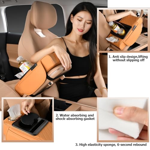 Car Armrest Cushion,5-in-1 Center Console Cover with 2 Storage Bags Cup Holder, Tissue Box Slot, Phone Slot for Sedans, Car Accessories Interior Organizers (Pink)