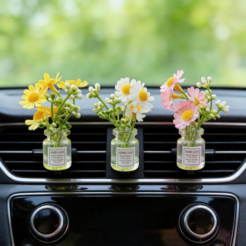 3-Pack Daisy Flower Car Decor, Cute Dashboard Mini Vase Set, for Rearview Mirror Cup Holder Desk Home Interior