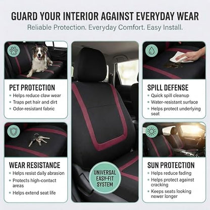 FH Group Car Seat Covers Unique Flat Cloth Full Set Automotive Seat Covers Front Set and Rear Solid Bench Burgundy Black Seat Covers w. Gift Universal Fit Interior Accessories for Cars Trucks and SUVs - color: burgundy