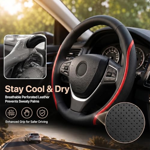Steering Wheel Cover Black Red, Carbon Fiber Car Steering Wheel Covers with Coasters Universal 14.5-15 inch Leather Microfiber Breathable Anti-Slip Steering Wheel Accessories Set - color: Red, size: Medium