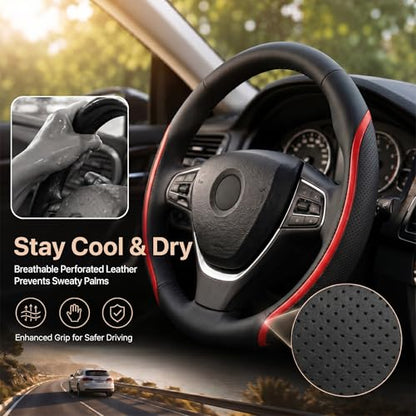 Steering Wheel Cover Black Red, Carbon Fiber Car Steering Wheel Covers with Coasters Universal 14.5-15 inch Leather Microfiber Breathable Anti-Slip Steering Wheel Accessories Set - color: Red, size: Medium