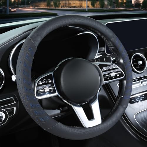 3D Premium Skin-Feel Leather Car Steering Wheel Cover, Anti-Slip Breathable Soft Slim Design, Universal 15 inch, Black with Blue - color: Black with Blue, size: Round-Medium[14.5''-15'']