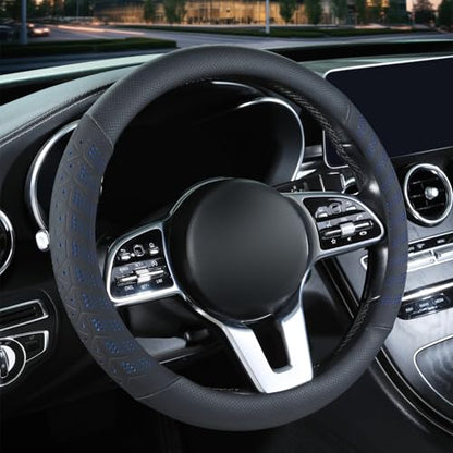 3D Premium Skin-Feel Leather Car Steering Wheel Cover, Anti-Slip Breathable Soft Slim Design, Universal 15 inch, Black with Blue - color: Black with Blue, size: Round-Medium[14.5''-15'']