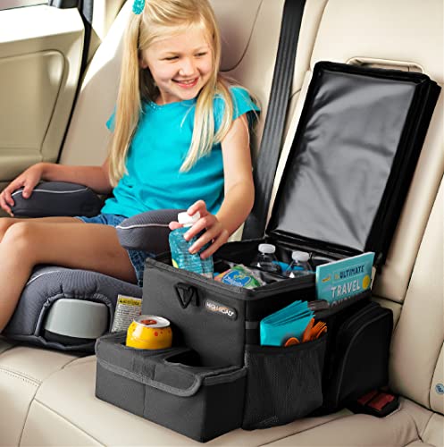 High Road CarHop Car Caddy Organizer with Road Trip Cooler, Car Cup Holder Bin, Sturdy Snack and Play Lid and 6 Organization and Storage Pockets, Black - color: Black