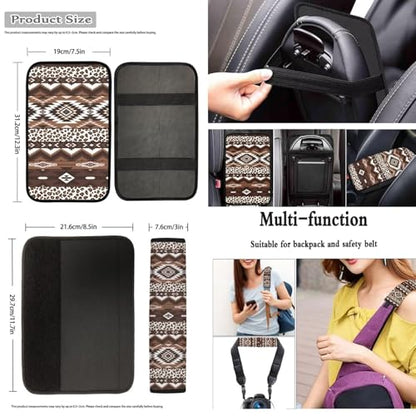 Dreaweet Aztec Leopard Print Car Seat Covers Full Set 12 Pcs - Brown Front and Back Seat Covers with Steering Wheel Cover with Center Console Cover,Coasters,Seatbelt Covers,Gear Shift Handbrake Cover - color: Aztec Leopard Print
