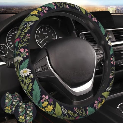 Wildflower Car Steering Wheel Cover Flowers Wildflower Steering Wheel Cover for Women Cute Anti-Slip Universal Breathable 14-15-in 2 Car Cup Coasters for Women