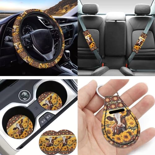 Sunflower Cow Car Seat Covers Full Set 11pcs Cow Car Accessories with Cow Auto Steering Wheel Cover Seatbelt Pads Keychain Cup Holder Pads for Most Vehicle - color: Aztec Sunflower Cow