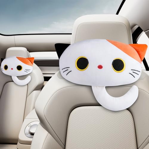 Cat Car Headrest Pillow Cartoon Car Seat Pillow Cat Neck Support Plush Cushion for Driving Seat (2 pcs) - color: Black/White/Orange