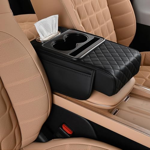 Funvalley Surperfect 5-in-1 Center Console Cover with Cup Holder & Phone Slot, Universal Car Armrest Cushion Organizer, Leather Armrest Cover for Car - style: Style-A
