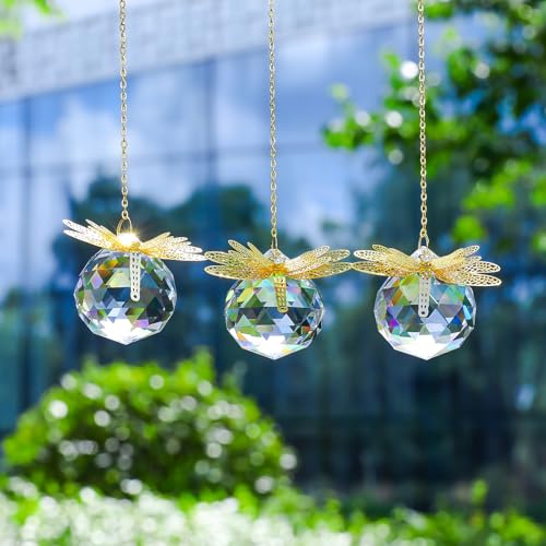 Crystal Suncatchers Gold Dragonfly 40mm Crystal Prisms Ball Rainbow Maker with Chain for Window Hanging Decoratioin 3 Pack
