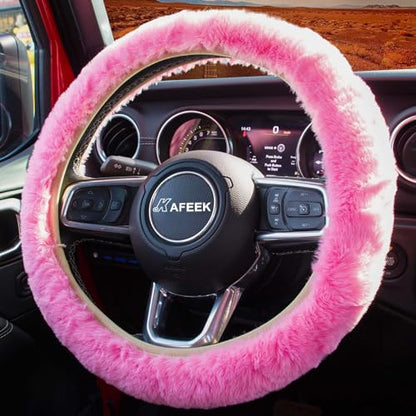 KAFEEK Fluffy Steering Wheel Cover 15 inch, Soft Fuzzy Steering Wheel Cover for Winter Warm, Anti-Slip, Comforting and Luxurious, Pink