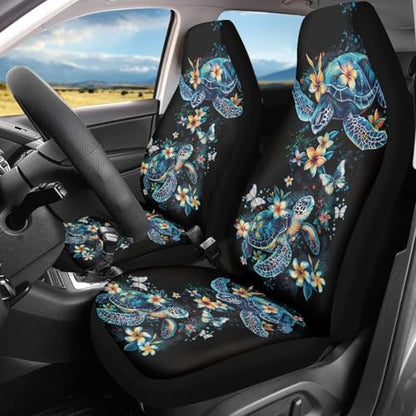Car Seat Cover Set of 2 Car Seat Covers,Breathable Soft Bucket Seats High Back Seats Protector Cushion Universal Fit Most Vehicle Interior Set(Blue Sea Turtle with Fresh Flowers 51) - color: Blue Sea Turtle with Fresh Flowers 51