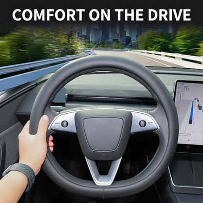 Nappa Leather Steering Wheel Cover Compatible with Tesla Model 3/Y 2016-2025 2026 Juniper/Highland, Non-Slip Breathable Model 3/Y Steering Wheel Protector, Black - color: Black