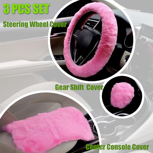 Furry Car Steering Wheel Cover with Fluffy Gear Shift Cover and Center Console Cover, Soft Warm Plush Non-Slip, 14 1/2-15 inch, for Women Girls 3 PCS Set, Pink - color: 3 pcs set - pink