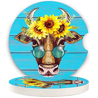 Car Coasters Pack of 2, Fun Sunflower Cow Design Absorb Condensation for Protect The Car Cup Holder and Keep Your car Clean, Small 2.56" Diameter, Easy Removal of Auto Cupholder（Blue Cow） - color: Blue Cow