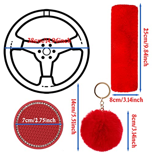Cute Fluffy Steering Wheel Cover Set for Women, YUNXNYC 1 Set 8 Pieces Fluffy Car Accessories Set Soft Fuzz Handbrake Cover Gear Shift Cover Fur Seat Belt Shoulder Pads Furry Ball Key Chain (Red) - color: Red