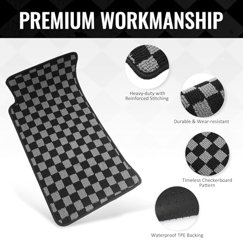 IKON MOTORSPORTS Loop Pile Tufted Car Floor Mats, Compatible with 1990-1997 Mazda Miata MX5 2-Door 2DR, Checkered Grey Black Plaid, All Weather Anti-Slip 2PCS Set Car Protector Carpets
