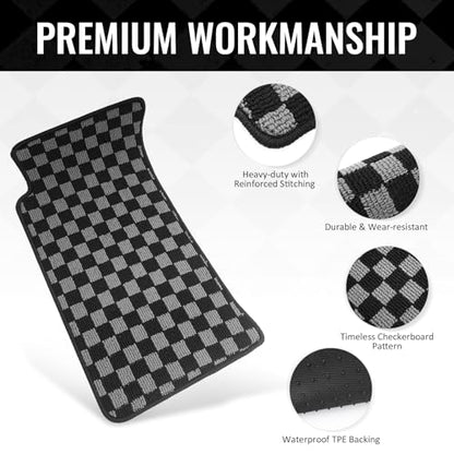 IKON MOTORSPORTS Loop Pile Tufted Car Floor Mats, Compatible with 1990-1997 Mazda Miata MX5 2-Door 2DR, Checkered Grey Black Plaid, All Weather Anti-Slip 2PCS Set Car Protector Carpets