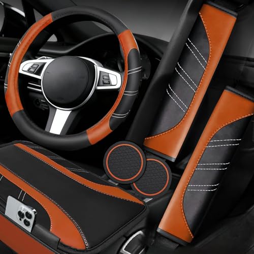 NBTEPEM 6 Pcs Brown Car Accessories Set, Sport Leather Steering Wheel Cover 14.5-15inch Universal, Microfiber Leather Car Center Console Cover, Seat Belt Cushion, Cup Holder Coaster (Black-Brown) - color: Brown, size: Steering Wheel Cover Set