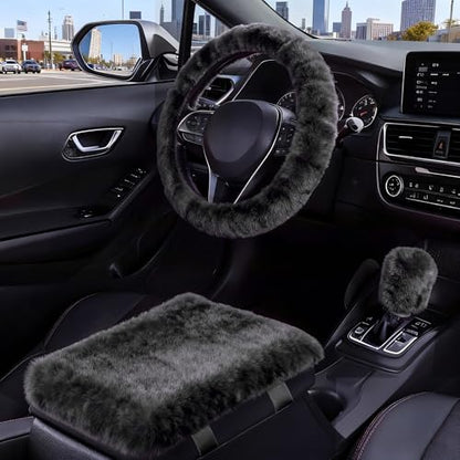 Furry Car Steering Wheel Cover with Fluffy Gear Shift Cover and Center Console Cover, Soft Warm Plush Non-Slip, 14 1/2-15 inch, for Women Girls 3 PCS Set, Black - color: 3 pcs set - black