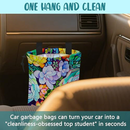 Car Trash Bag Abstract Succulent Plant Leak-Proof Waterproof Car Garbage Bag with Drawstring Foldable Canvas Trash Bin with Adjustable Buckle for Car Accessories, Travelling, Camping - color: Abstract Succulent Plant