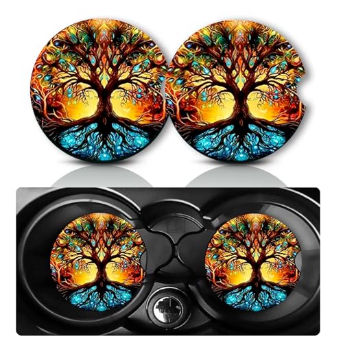 Car Coasters for Cup Holders,2 PCS Universal Non-Slip Rainbow Tree Car Coasters,2.75" Rubber Mat,Tree of Life Cars Accessories Cup Drink Holder Coaster Decor Trees of Life Gifts for Women,Men,Mom - color: Tree of Life