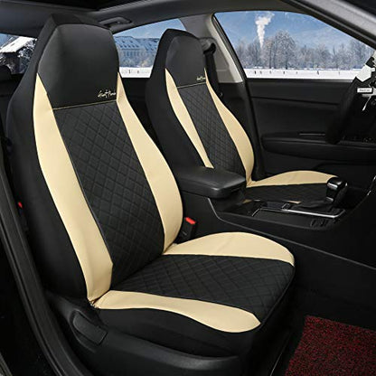 GIANT PANDA Front Car Seat Covers, Bucket Seat Covers, Faux Leather High Back Auto Seat Covers for Cars, Trucks, Jeep, Van, SUV, Pickup, Airbag Compatible (Black + Beige)