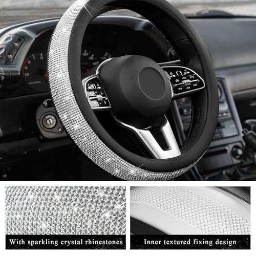 Diamond Leather Steering Wheel Cover, 15 Inch Bling Crystal Rhinestone Anti-Slip Wheel Protector, Universal Sparkling Elegant Diamond Steering Wheels Cover for Women Girl (White) - color: White
