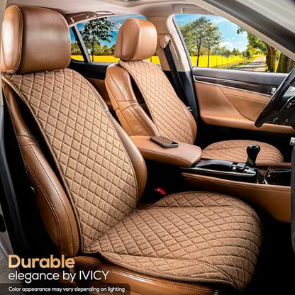 IVICY Faux Linen Front Car Seat Cover – Non-Slip Bucket Seat Protector for Most Cars, SUVs, Vans & Trucks – 1 Seat Cover, Machine Washable, Side-Airbag Friendly, Light Brown - color: BROWN WS LN