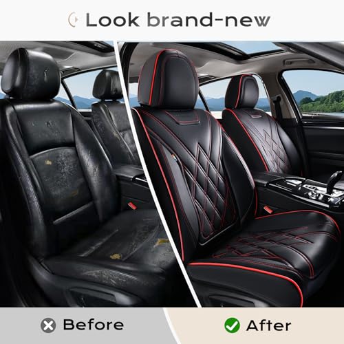 Coverado Car Seat Covers, Front Covers for Cars, Car Seat Cover Front Seats, Automotive Seat Cover, Waterproof, Leather Car Seat Cushion, Universal Interior Seat Protectors for Most Cars Black-Redline