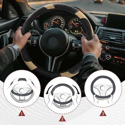 Car Steering Wheel Cover, Steering Wheel Protector, Universal 14.5-15 Inch Microfiber Leather Breathable Auto Steering Wheel Covers, Carbon Fiber Steering Wheel Cover for Women Men (Beige) - color: Beige