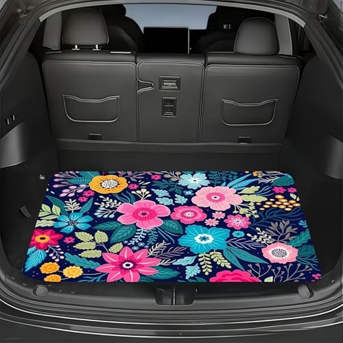 Universal Car Trunk Mat 29" x 39", Pink-Blue Flowers All Weather Trunk Protection Cargo Liner, Durable Cargo Mat Rear Trunk Liner, Stylish Vehicle Interior Accessories Suitable for Most Car Models - color: Pink-Blue Flowers