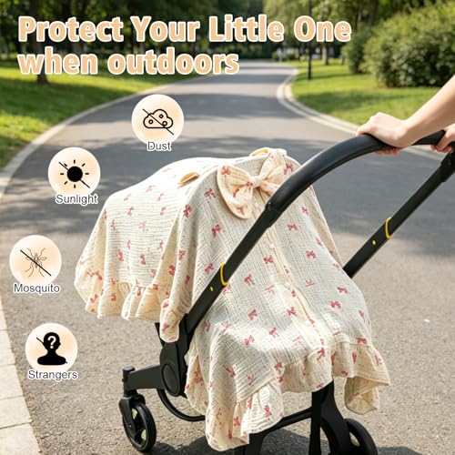 Baby Car Seat Cover for Girls,100% Muslin Cotton Breathable Infant Car Seat Canopy with Cute Bow & Elegant Ruffle, 360° Privacy Nursing Cover, Stroller Cover Protection from Sunlight Dust - color: Bow