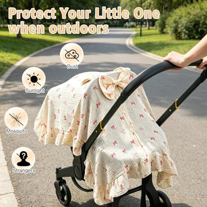 Baby Car Seat Cover for Girls,100% Muslin Cotton Breathable Infant Car Seat Canopy with Cute Bow & Elegant Ruffle, 360° Privacy Nursing Cover, Stroller Cover Protection from Sunlight Dust - color: Bow
