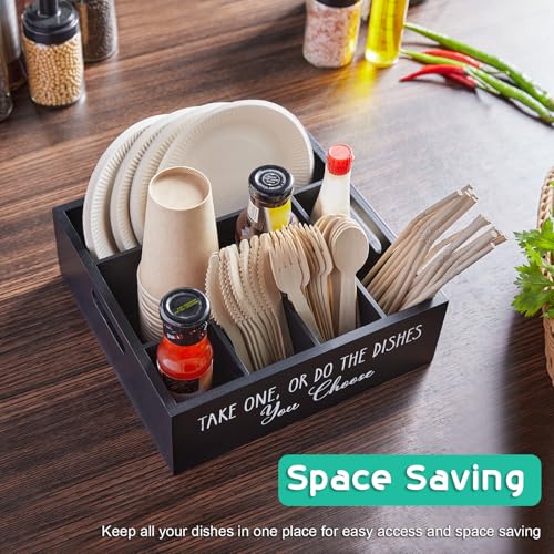 ALELION Paper Plate Dispenser for Countertop - Wooden Utensil Holder Organizer for Party - Silverware Caddy for Plate, Cup, Fork, Spoon - Cutlery Holder with Handles for Kitchen Camping Buffet - style: Black