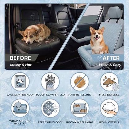 Premium Cooling Dog Car Seat Mat for Small & Medium Dogs, Breathable Puppy Car Seat for Front & Back Seat Travel, Cool-to-Touch Washable Pet Travel Lounge Mat with Supportive Bolster