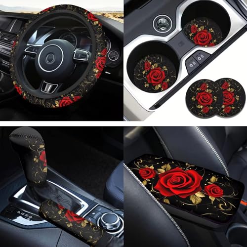 Red Rose 6pcs Car Steering Wheel Cover Set Flower Print Cup Coaster Handbrake Gear Cover Car Interior Accessories Fit Vans Trucks,SUV - color: Red Rose
