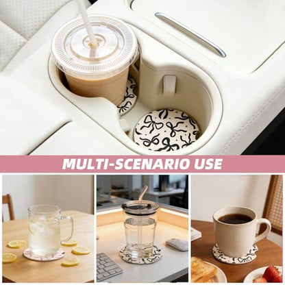 4Packs Car Coasters for Cup Holders，2.6 Inch Absorbent Ceramic Coasters with A Finger Notch Universal Anti Slip Auto Cup Holder Coasters Cute Car Accessories for Women Girls (Bow, Pink and Black)