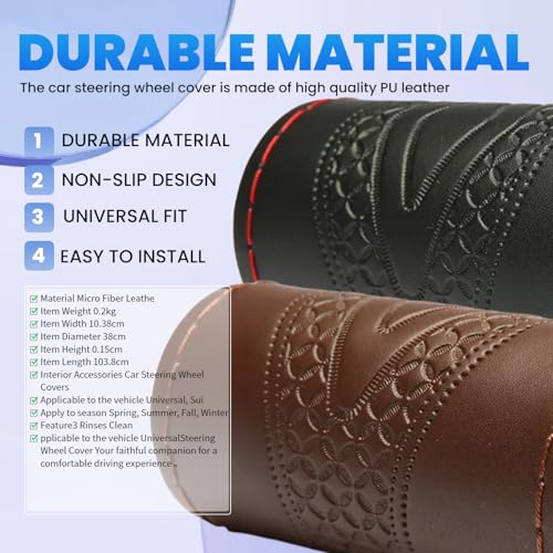Car Steering Wheel Cover Universal Fit Round Stitch Steering Wheel Wrap Thin PU Leather Steering Wheel Cover Sewn on 15" Car Wheel (Coffee) - color: Coffee1