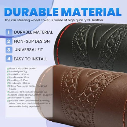 Car Steering Wheel Cover Universal Fit Round Stitch Steering Wheel Wrap Thin PU Leather Steering Wheel Cover Sewn on 15" Car Wheel (Coffee) - color: Coffee1