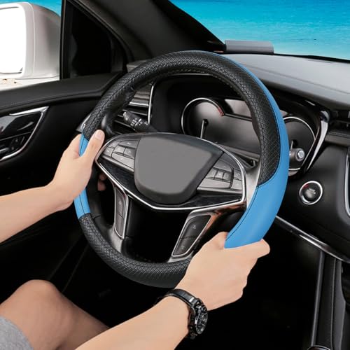 Black & Blue Car Steering Wheel Cover, Microfiber, Leather Patchwork, Universal 14.5-15 Inch Leather Anti-Slip Breathable Auto Steering Wheel Covers for Men Women - color: Black & Blue