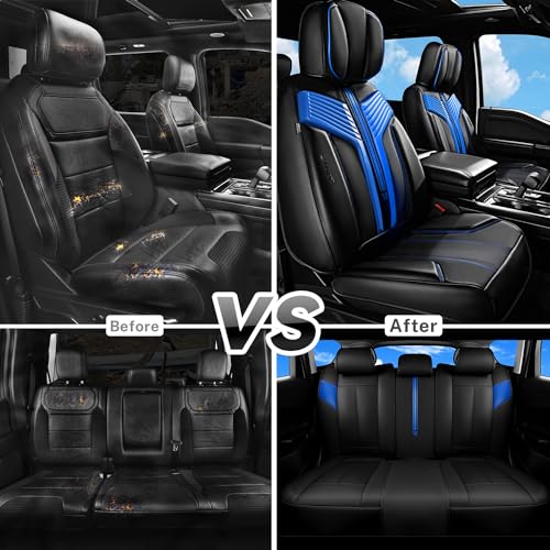 CAR PASS Nappa Leather Seat Covers, Breathable Waterproof Car Seat Covers Full Set, Luxury Leather Front and Back Seats Full Coverage, Universal Fit SUV Pick-up Truck Sedan Automotive(Black Blue) - color: Black Blue, size: Full Set Full Coverage